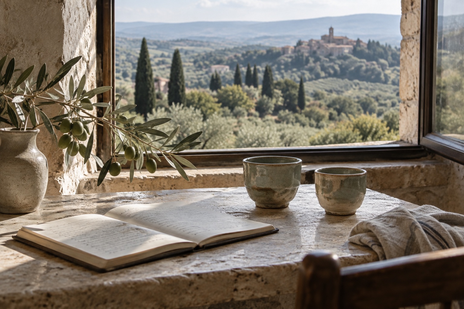 Immagine editoriale illustrativa: ceramiche e ulivo in una casa di campagna