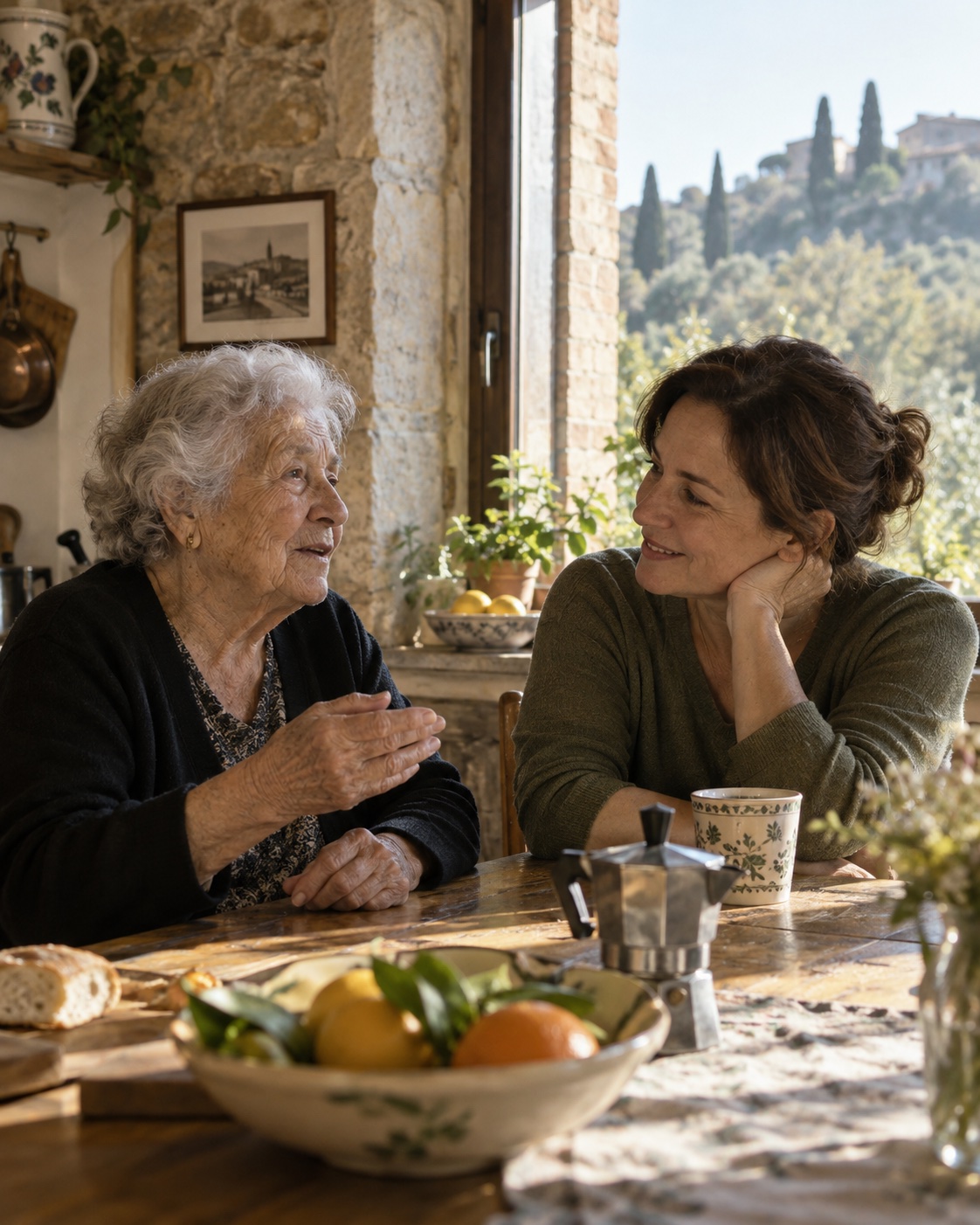 Scena editoriale illustrativa: due donne condividono un momento di ascolto in una casa umbra