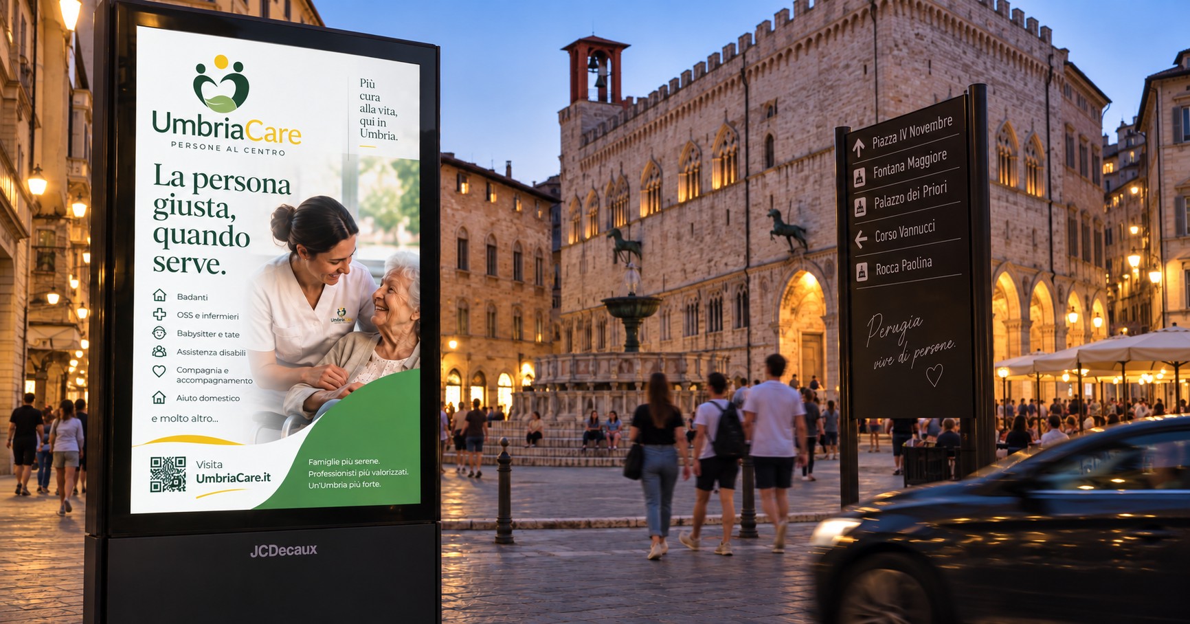 Visual della campagna UmbriaCare: La persona giusta, quando serve, nella cornice di Piazza IV Novembre a Perugia